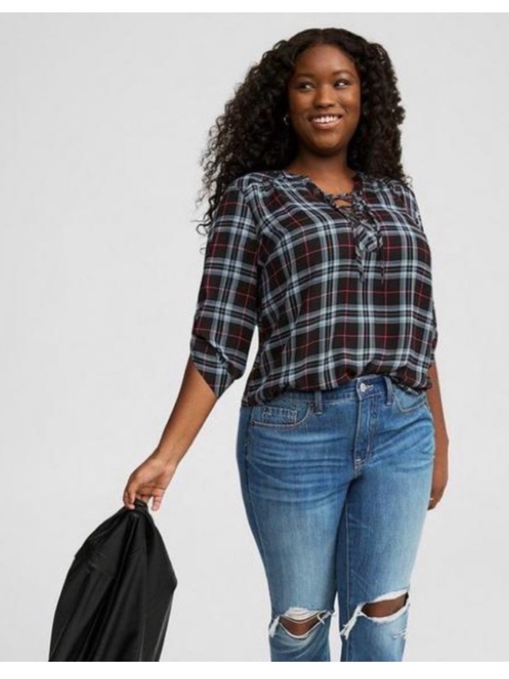 Torrid Harper Plaid Lace-Up 3/4 Sleeve Women’s Top - Black Multi size 1